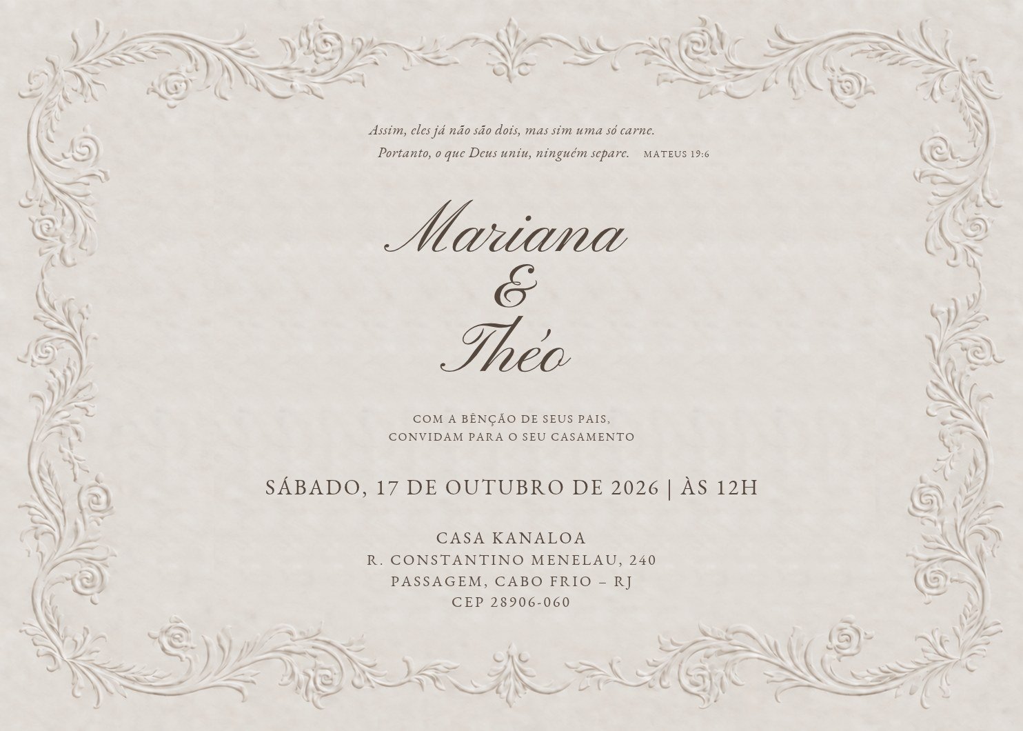Convite do casamento de Mariana e Théo, sábado, 17 de outubro de 2026, às 12h, na Casa Kanaloa, R. Constantino Menelau, 240, Passagem, Cabo Frio, RJ